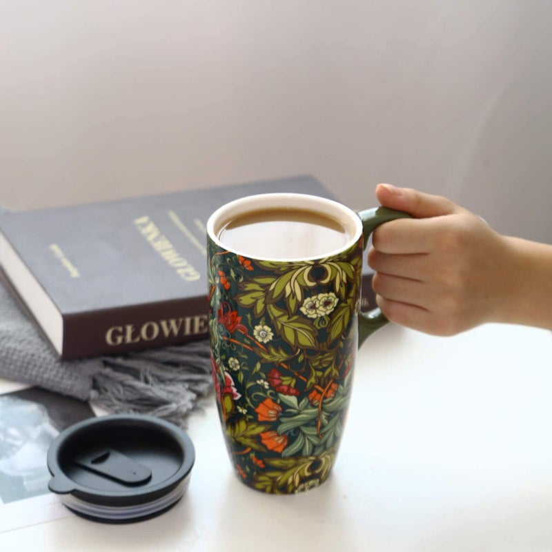 TZSSP Coffee Ceramic Mug Porcelain Latte Tea Cup With Lid 17oz. Green - Image 4